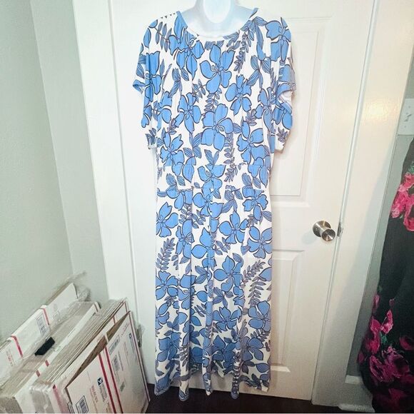 Nicole Miller New York Tropical Floral Midi Dress Pockets Blue White Plus 1X NWT - Picture 8 of 10